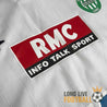 Sponsor RMC Info Talk Sport légèrement craquelé sur le maillot ASSE 2002/2003