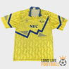 Maillot vintage Everton extérieur 1990-1991 Umbro jaune et bleu avec sponsor NEC