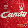Sponsor Candy et logo Adidas sur le maillot Liverpool 89/90